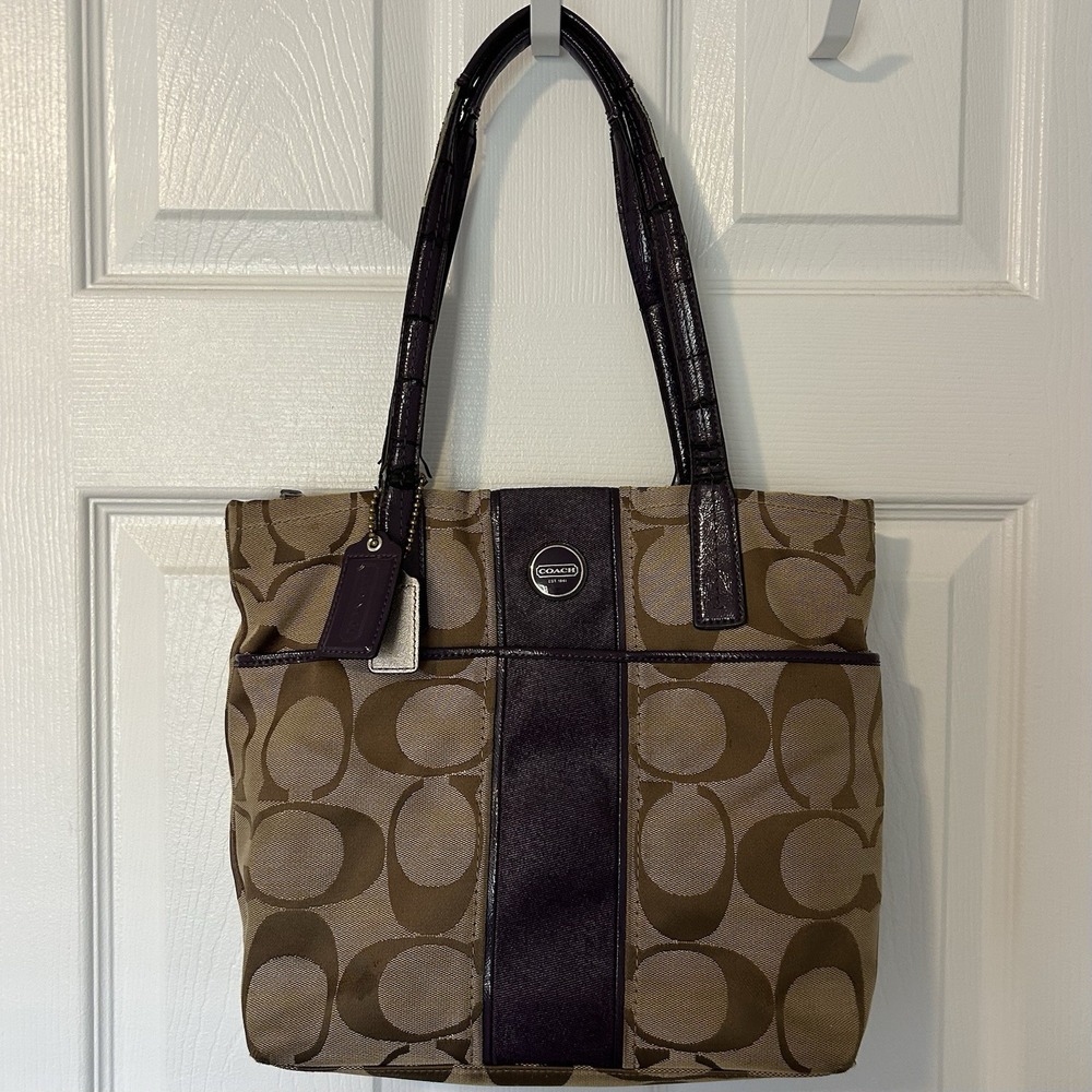 Coach Signature Stripe Satchel With Patent Leather‎ Trim Purple Bag